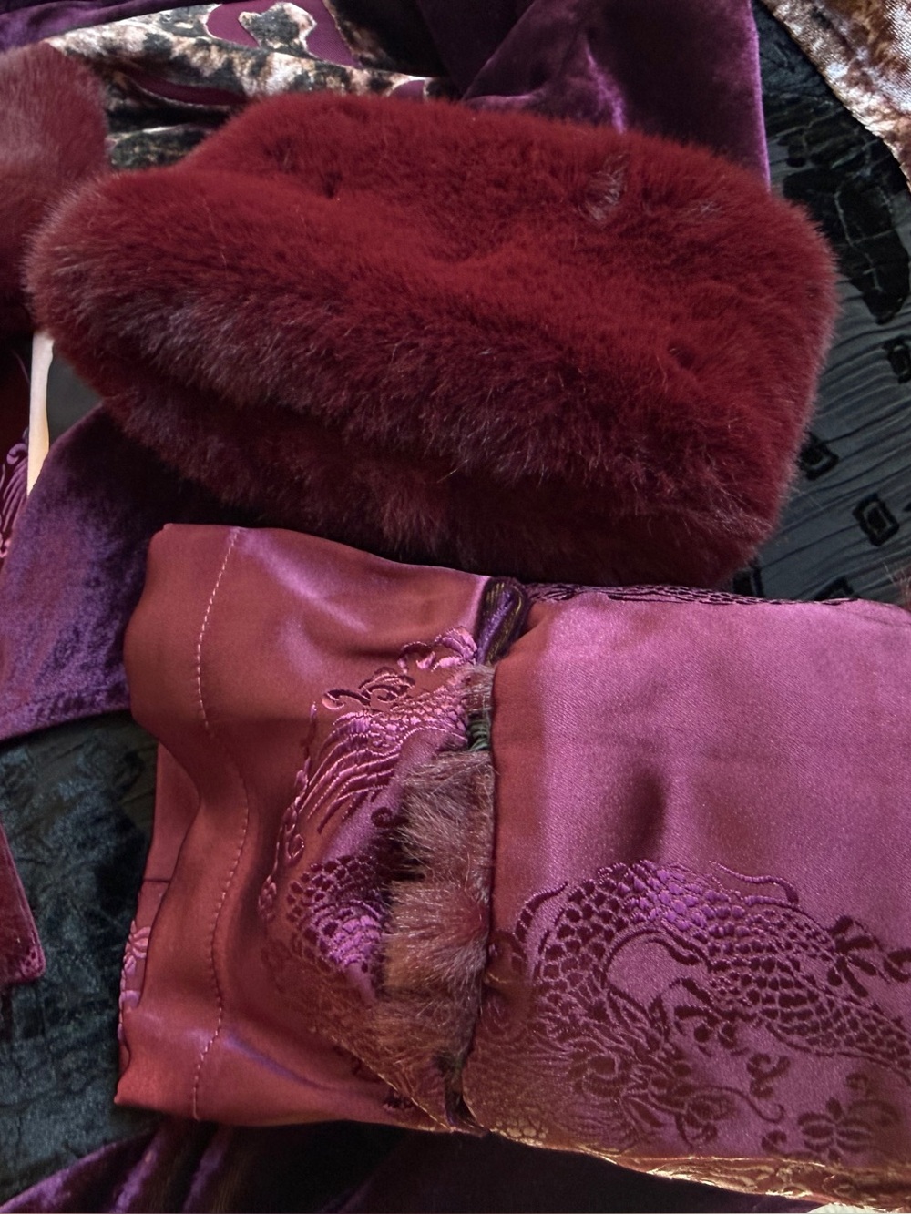 Soft Surrounding jacket velvet burn out-removable fur- plum burgundy patchwork S - Picture 10 of 17